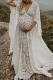 White Lace Puffy Sleeves Pregnancy Photoshoot Gown