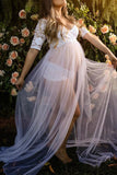 White Lace See-through Short Sleeves Maternity Photoshoot Dress