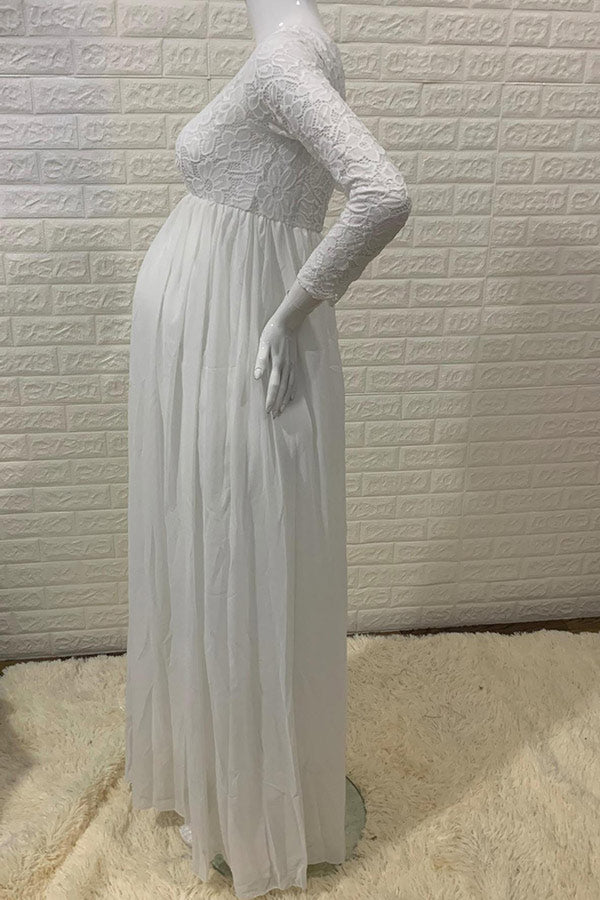White Lace V-neck long Sleeves Maternity Photoshoot Dress