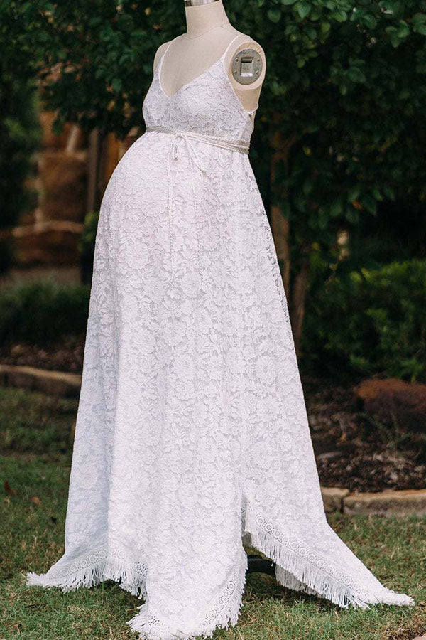 White Vintage Backless Lace Maternity Photoshoot Gown