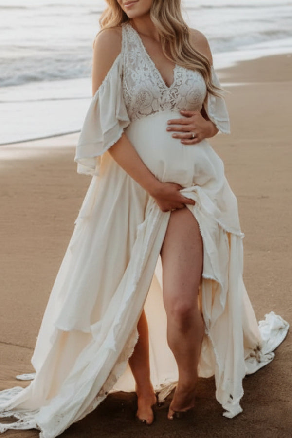 Custom Ivory Vintage Off-the-shoulder Beach Maternity Photoshoot Dress, Ivory / 4XL