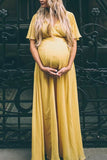 Yellow Short Sleeves Maternity Maxi Dress