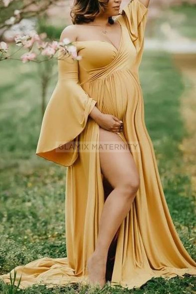 Bell Sleeve Cross Bust Flare Maternity Gown, Yellow / XL Bell Sleeve Cross Bust Flare Maternity Gown, Yellow / XL