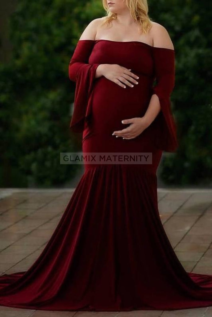 Elegant Off Shoulder Ruffled Photoshoot Maternity Dress Burgundy / S Dresses