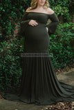 Elegant Off Shoulder Ruffled Photoshoot Maternity Dress Dark Green / S Dresses