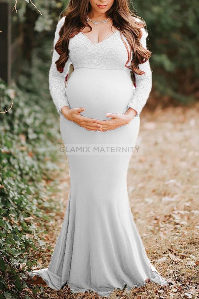 Fabulous Lace Mermaid Maternity Photoshoot Gown With Sleeves