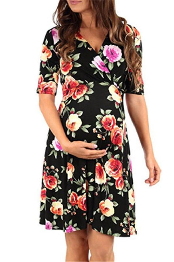 Floral Wrap Maternity Dress For Summer Black / S Dresses