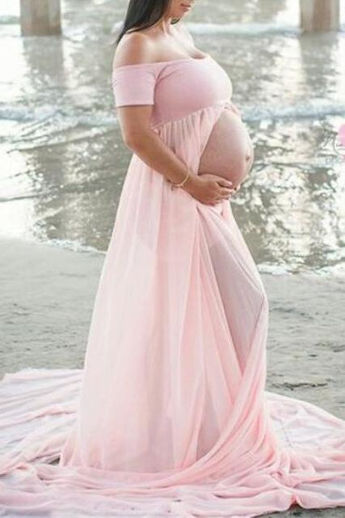 Maternity Short-Sleeve Off Shoulder Open Photoshoot Gown Pink / S Dresses