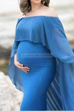Off-The-Shoulder Photoshoot Maternity Chiffon Flare Gown Blue / S Dresses