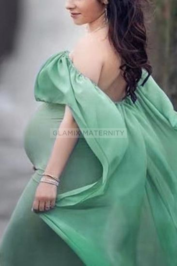 Off-The-Shoulder Photoshoot Maternity Chiffon Flare Gown Green / S Dresses