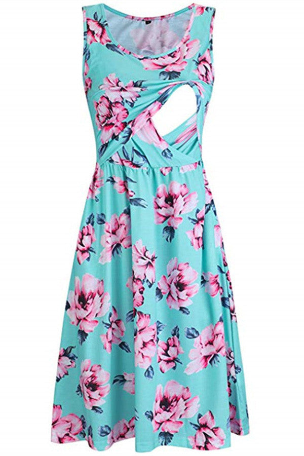 Printed Sleeveless Maternity Nursing Dress