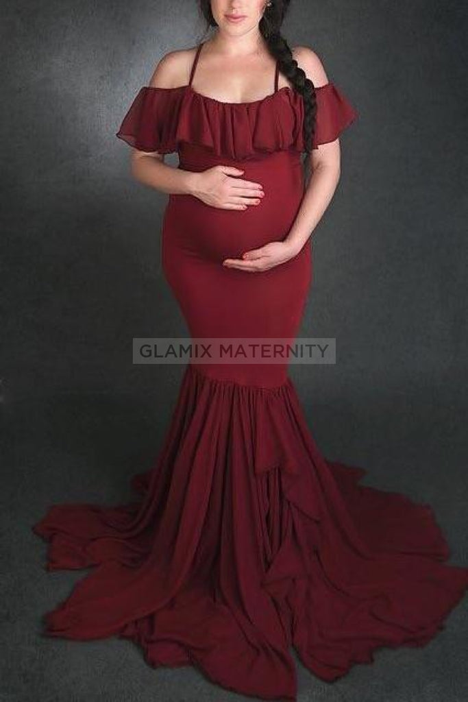 Ruffled Mermaid Maternity Spaghetti Straps Dress Burgundy / S Dresses