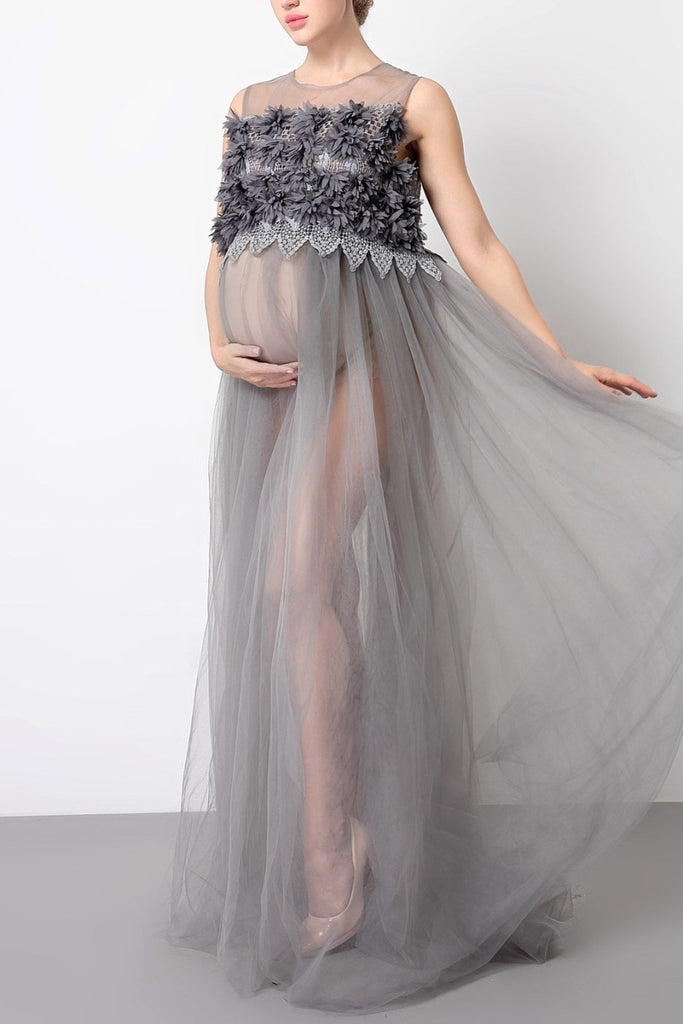 Scoop See Thru Tulle Maternity Photoshoot Dress Gray / One-Size Dresses