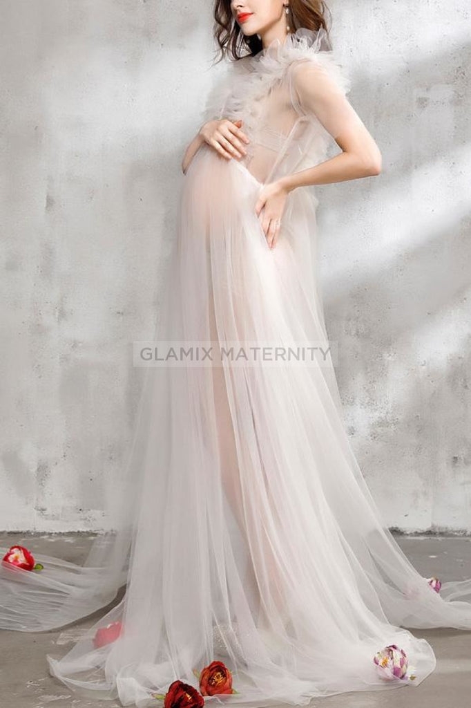 See-Thru Maternity Gown Dress For Photoshoot White / One-Size Dresses