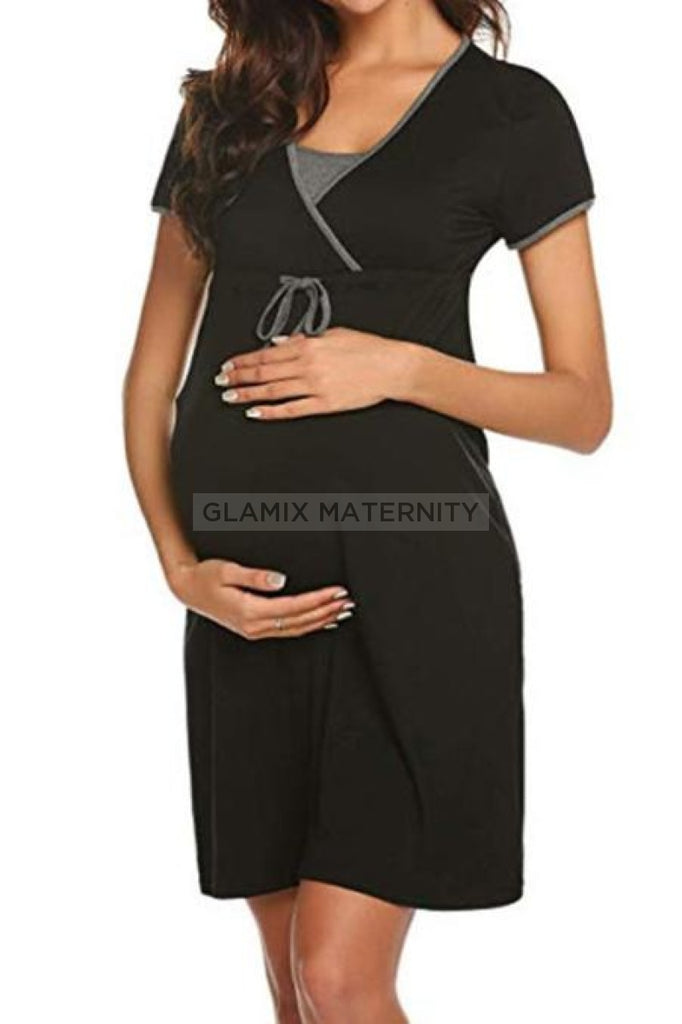 Solid Drawstring Waist Nursing Dress Nightgown Black / S Dresses
