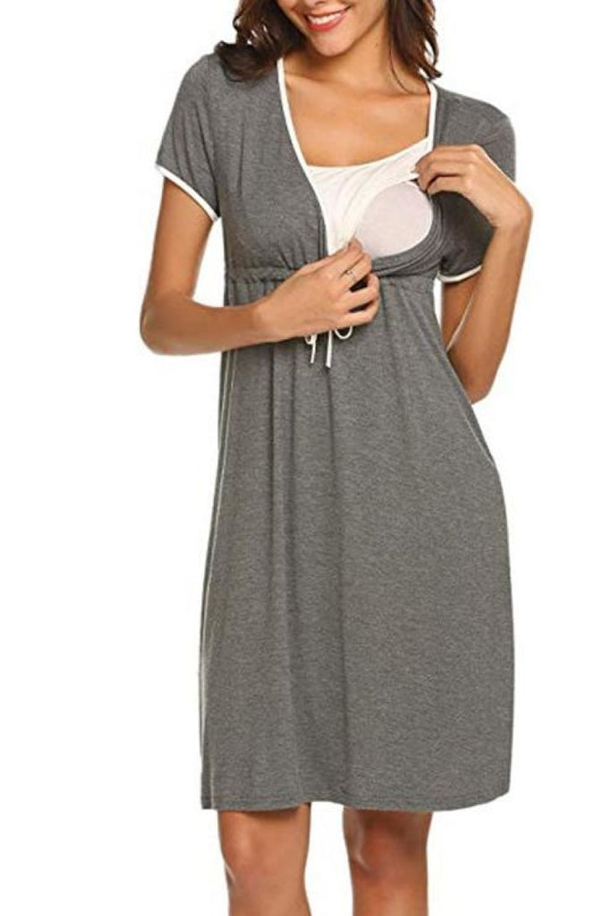 Solid Drawstring Waist Nursing Dress Nightgown
