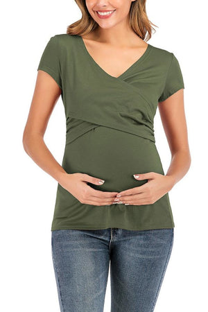 Solid V-Neck Cross Nursing T-Shirt Dark Green / S Tops
