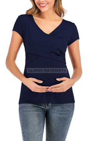 Solid V-Neck Cross Nursing T-Shirt Dark Navy / S Tops