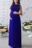 Solid Chiffon Sleeveless Maternity Maxi Dress Royal Blue / S Dresses