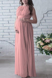 Solid Chiffon Sleeveless Maternity Maxi Dress Pink / S Dresses