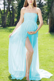 Strapless Slit Maternity Photoshoot Dress Light Sky Blue / One-Size Dresses