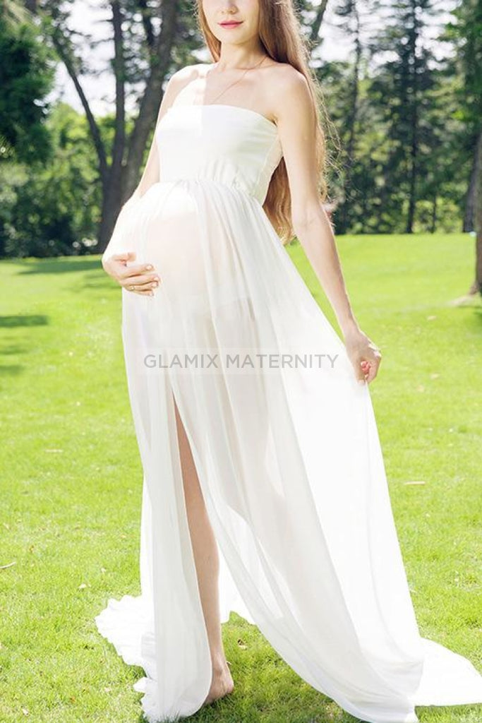 Strapless Slit Maternity Photoshoot Dress White / One-Size Dresses
