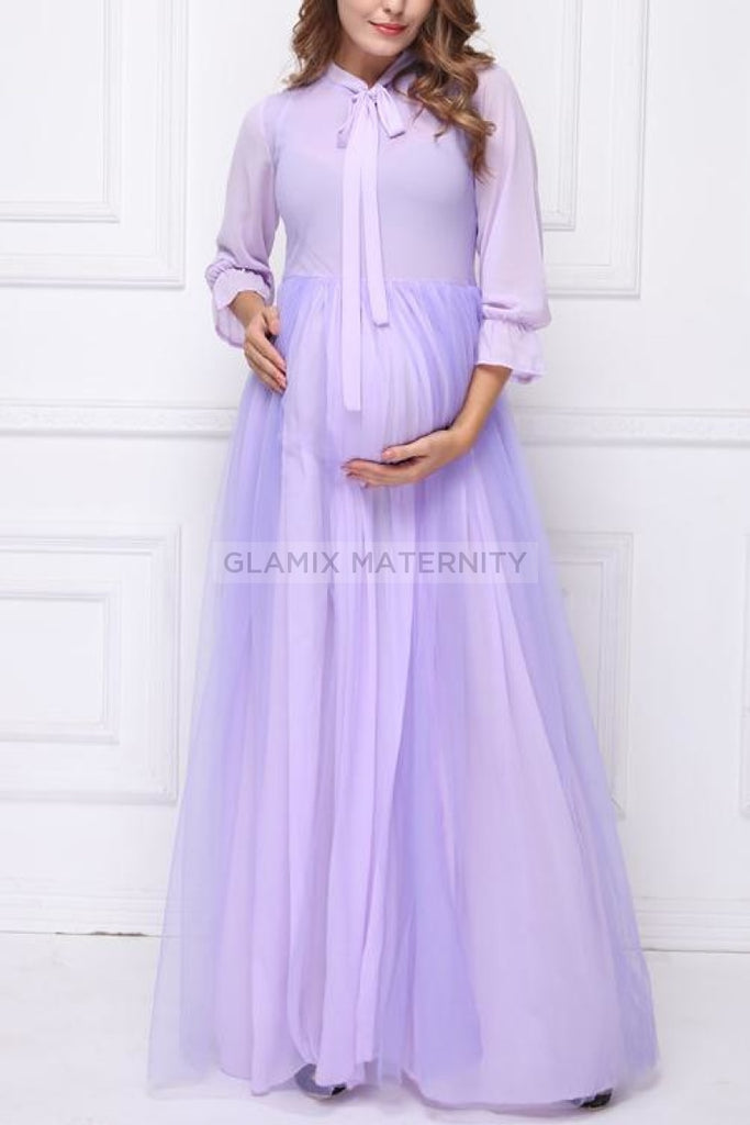 Tie Neck Long Sleeve Maternity Maxi Dress For Photoshoot