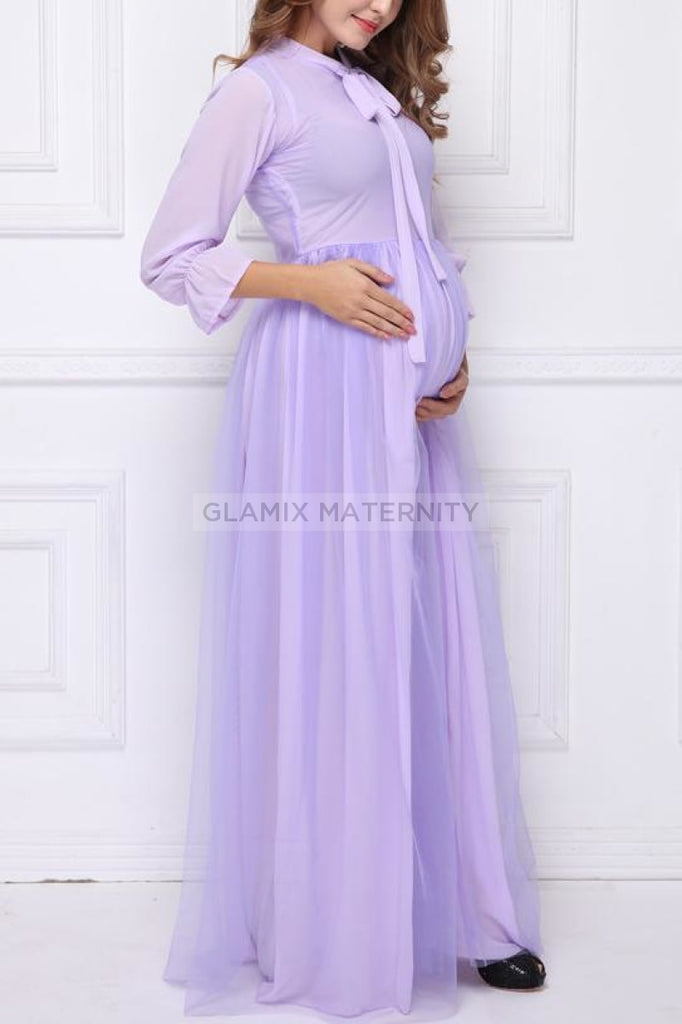 Tie Neck Long Sleeve Maternity Maxi Dress For Photoshoot – Glamix