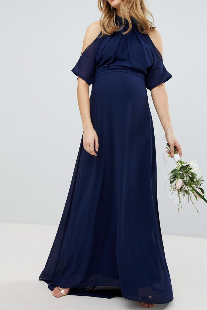 Tie Neck Off Shoulder Maternity Gown Blue / S Dresses