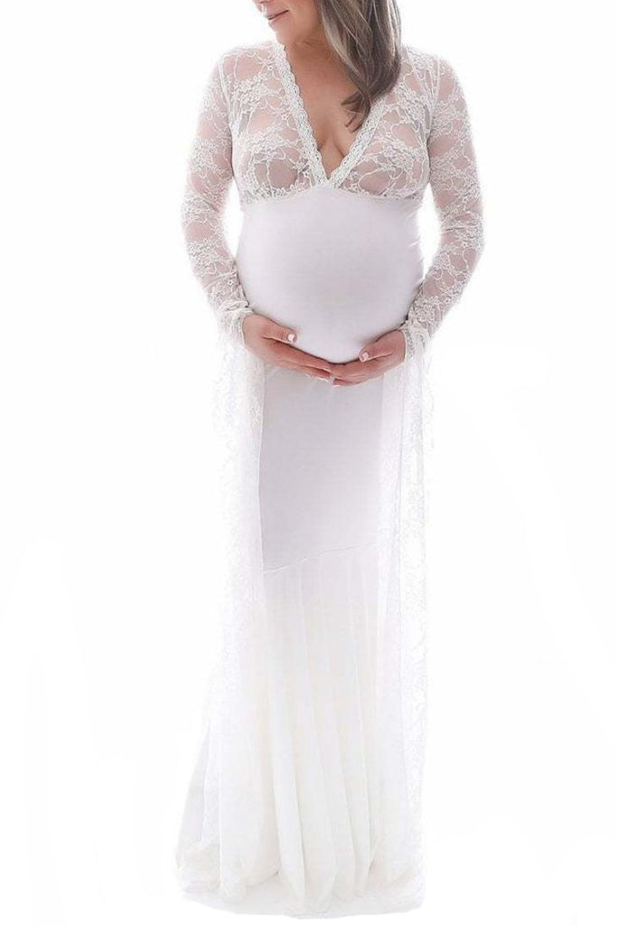 White Deep V-neck Lace Mermaid Maternity Dress