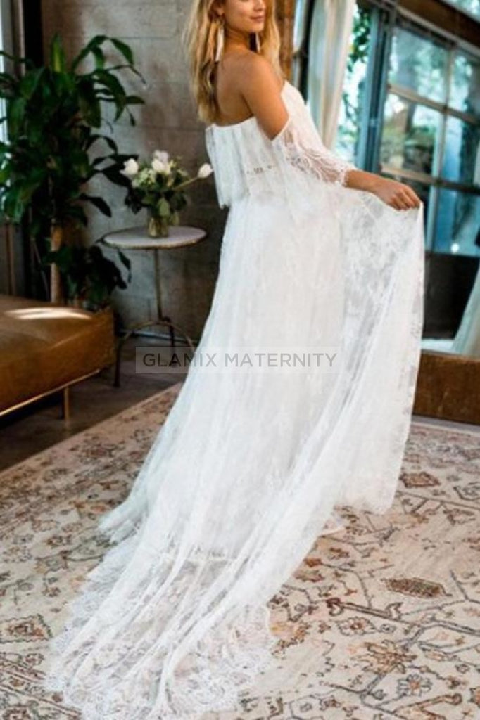 White Off-The-Shoulder Lace Maternity Dress Dresses